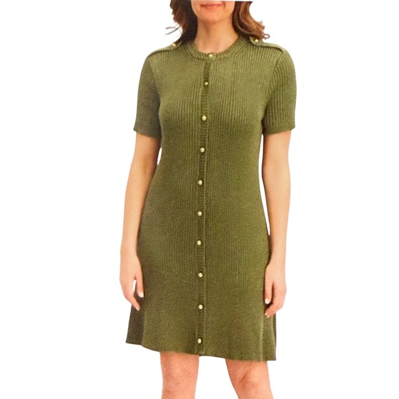 French Connection Olive Green Ribbed Knit Button Front Short Sleeve Dress XS - Picture 6 of 6